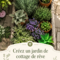 Un jardin de cottage fleuri avec des plantes colorées et des décorations en bois créant une atmosphère chaleureuse.