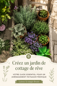 Un jardin de cottage fleuri avec des plantes colorées et des décorations en bois créant une atmosphère chaleureuse.