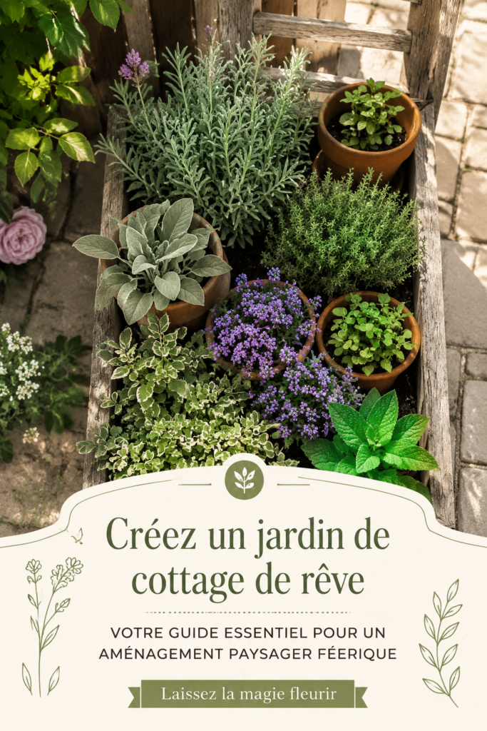 Un jardin de cottage fleuri avec des plantes colorées et des décorations en bois créant une atmosphère chaleureuse.