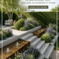 Jardin en pente élégant avec une cascade de plantes et d'eau