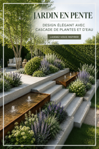 Jardin en pente élégant avec une cascade de plantes et d'eau