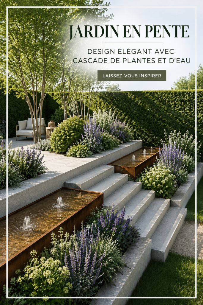 Jardin en pente élégant avec une cascade de plantes et d'eau