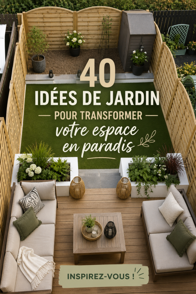 Un jardin transformé en un espace de rêve avec des plantes et une mobilier chaleureux.