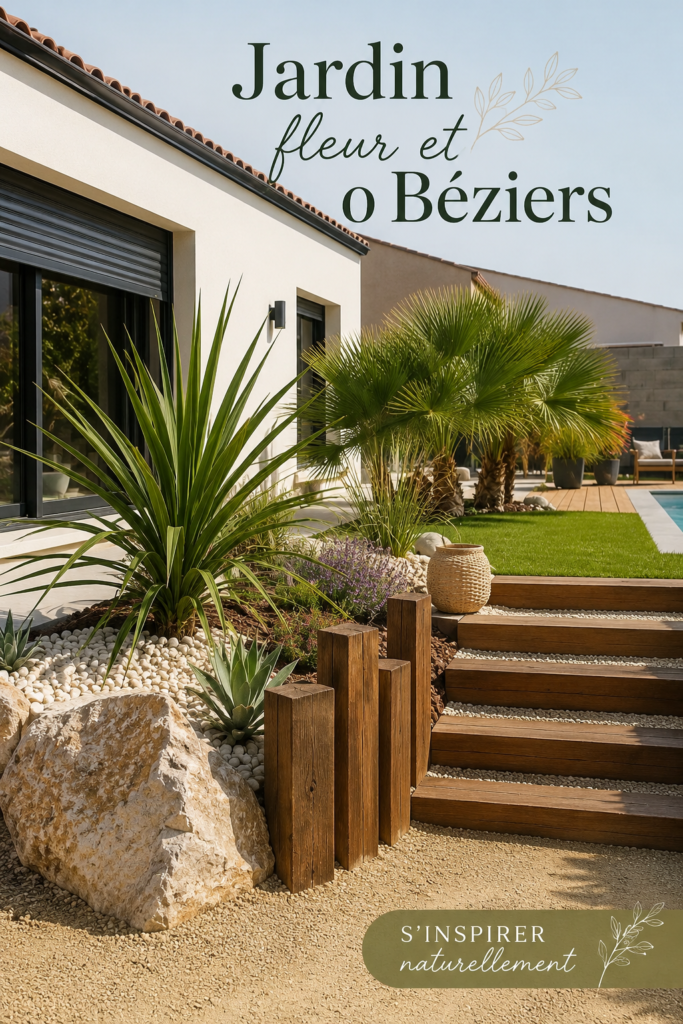 Un jardin fleuri à Béziers, avec des fleurs colorées et un aménagement accueillant.
