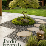 Un jardin japonais minimaliste avec des pierres et des plantes vertes