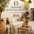 Exemple d'un jardin méditerranéen moderne avec des assises en travertin.