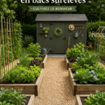 Jardin potager en bacs surélevés avec des légumes verts et des fleurs colorées, montrant un aménagement esthétique.