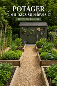 Jardin potager en bacs surélevés avec des légumes verts et des fleurs colorées, montrant un aménagement esthétique.
