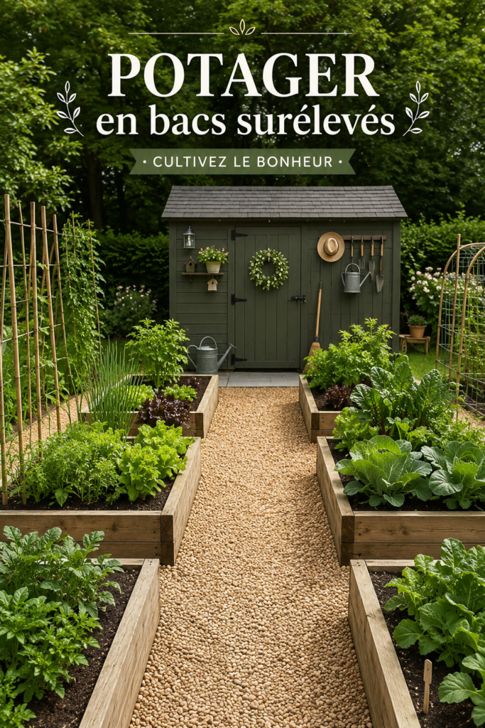 Jardin potager en bacs surélevés avec des légumes verts et des fleurs colorées, montrant un aménagement esthétique.