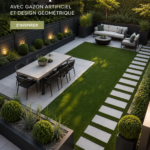 Un jardin urbain moderne avec gazon synthétique et design géométrique.