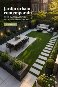 Un jardin urbain moderne avec gazon synthétique et design géométrique.