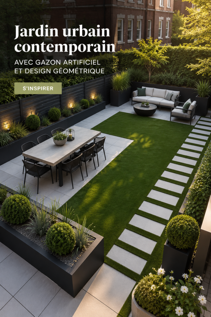 Un jardin urbain moderne avec gazon synthétique et design géométrique.