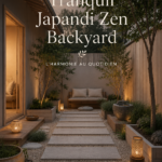 Jardin zen inspiré du style Japandi avec des plante vertes et des pierres.