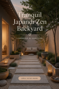 Jardin zen inspiré du style Japandi avec des plante vertes et des pierres.