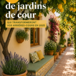 Jardin de cour moderne avec des plantes luxuriantes et un mobilier élégant, parfait pour se détendre.
