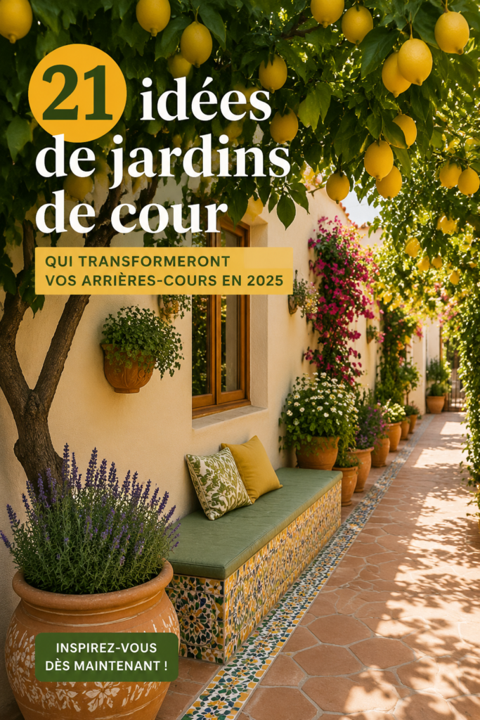 Jardin de cour moderne avec des plantes luxuriantes et un mobilier élégant, parfait pour se détendre.