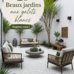 Un jardin avec des rochers blancs et des plantes variées