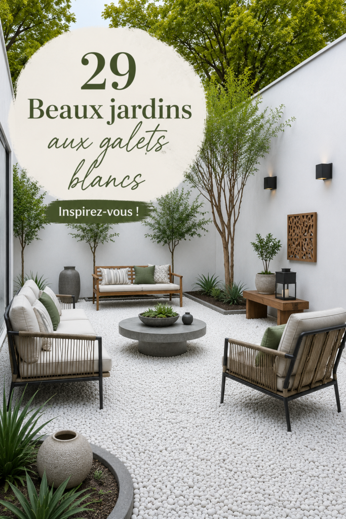 Un jardin avec des rochers blancs et des plantes variées