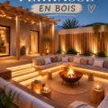 jolie terrasse en bois avec mobilier confortable et plantes