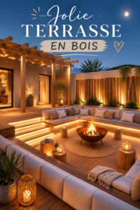 jolie terrasse en bois avec mobilier confortable et plantes