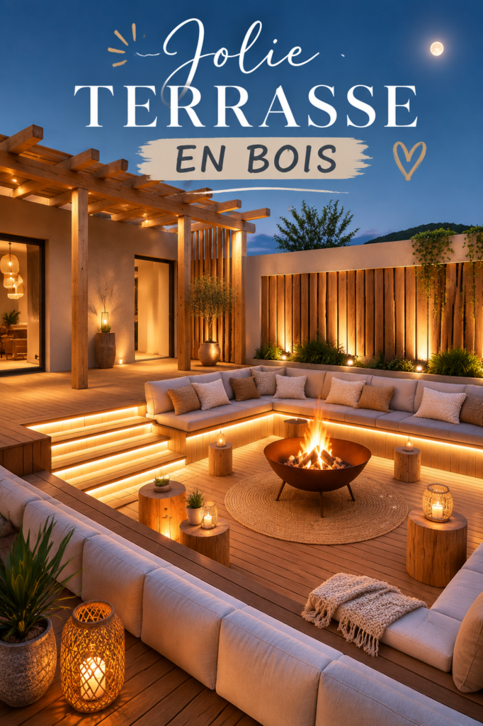 jolie terrasse en bois avec mobilier confortable et plantes