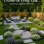 Un jardin étroit aménagé avec des plantes chic et du mobilier élégant, illustrant une oasis moderne.
