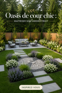 Un jardin étroit aménagé avec des plantes chic et du mobilier élégant, illustrant une oasis moderne.