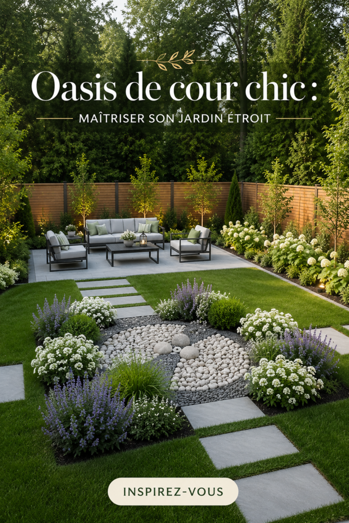 Un jardin étroit aménagé avec des plantes chic et du mobilier élégant, illustrant une oasis moderne.