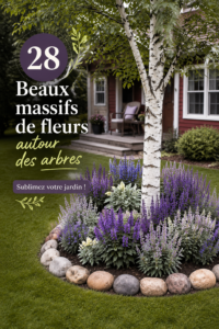Parterre de fleurs colorées autour d'un arbre dans un jardin
