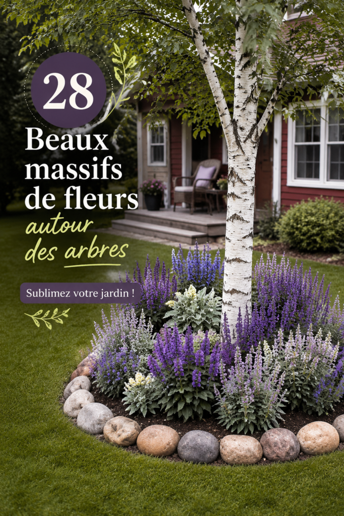 Parterre de fleurs colorées autour d'un arbre dans un jardin