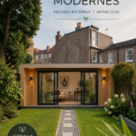 Une pièce de jardin moderne avec des fenêtres panoramiques intégrées dans un espace vert luxuriant.