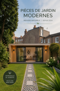 Une pièce de jardin moderne avec des fenêtres panoramiques intégrées dans un espace vert luxuriant.