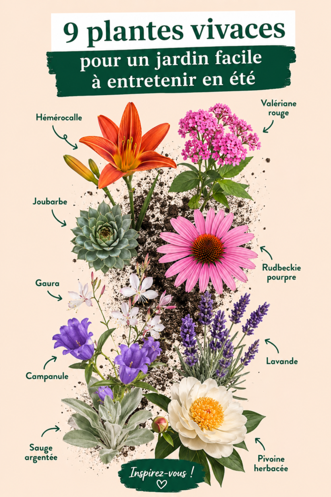 Jardin d'été avec diverses plantes vivaces faciles à entretenir
