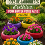 Patio décoré avec des pots de fleurs colorés et variés sous un soleil d'été.