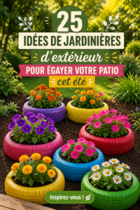 Patio décoré avec des pots de fleurs colorés et variés sous un soleil d'été.