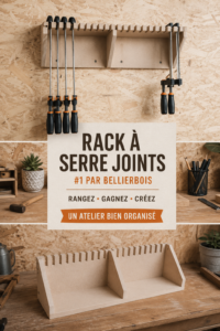 Un rack à serre joints bien organisé dans un atelier en bois