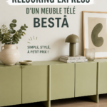 Un meuble télé BESTÅ relooké en bois et blanc dans un salon chaleureux.