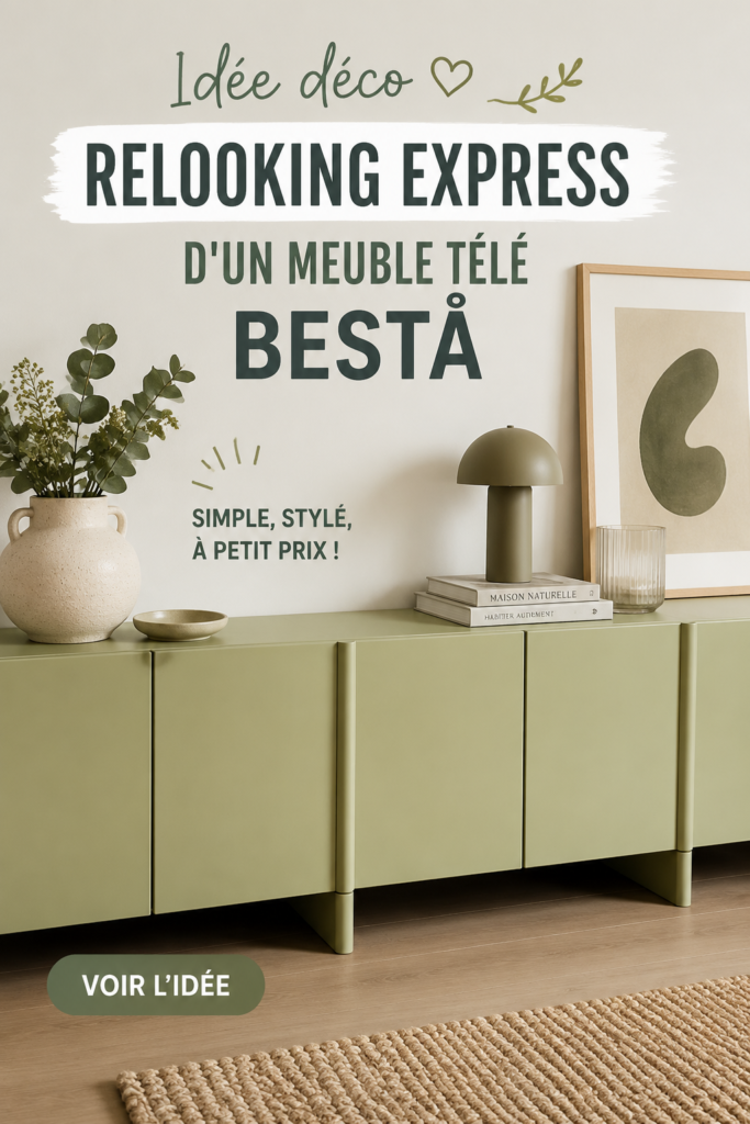 Un meuble télé BESTÅ relooké en bois et blanc dans un salon chaleureux.