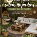 Salon de jardin en palettes avec coussins colorés dans un jardin ensoleillé