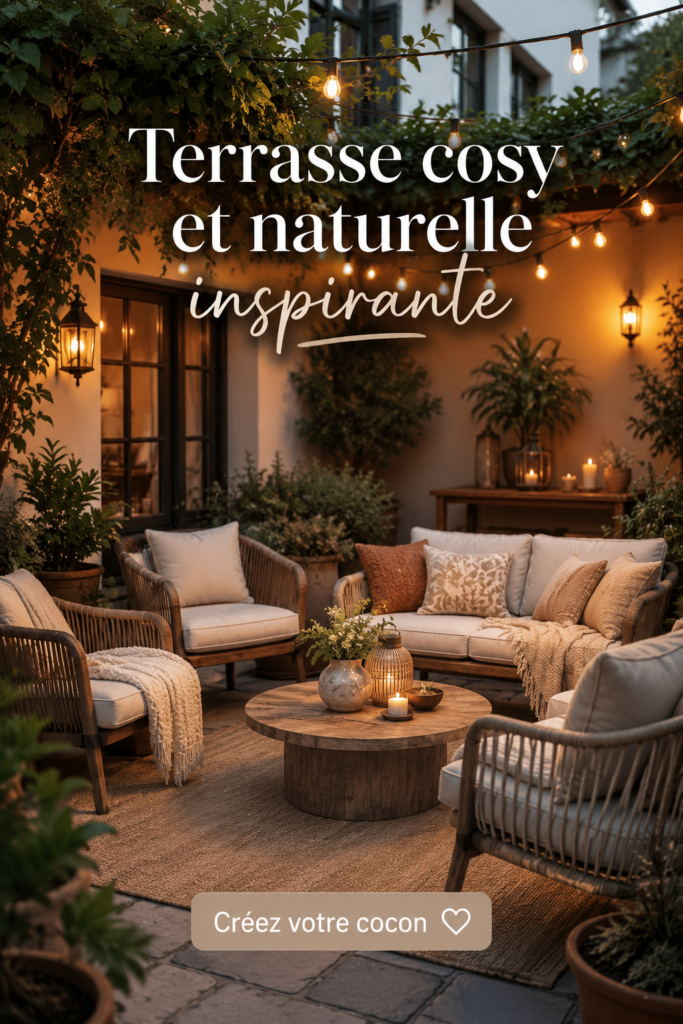 Une terrasse cosy avec des meubles en bois et des plantes vertes décoratives