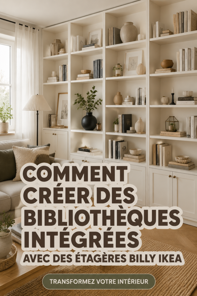 Bibliothèque IKEA transformée avec des éléments décoratifs modernes.