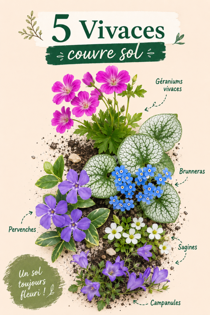 Un jardin fleuri avec différentes vivaces couvre-sol