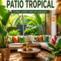 Un patio tropical décoré de plantes luxuriantes et meubles en bois, idéal pour la détente.