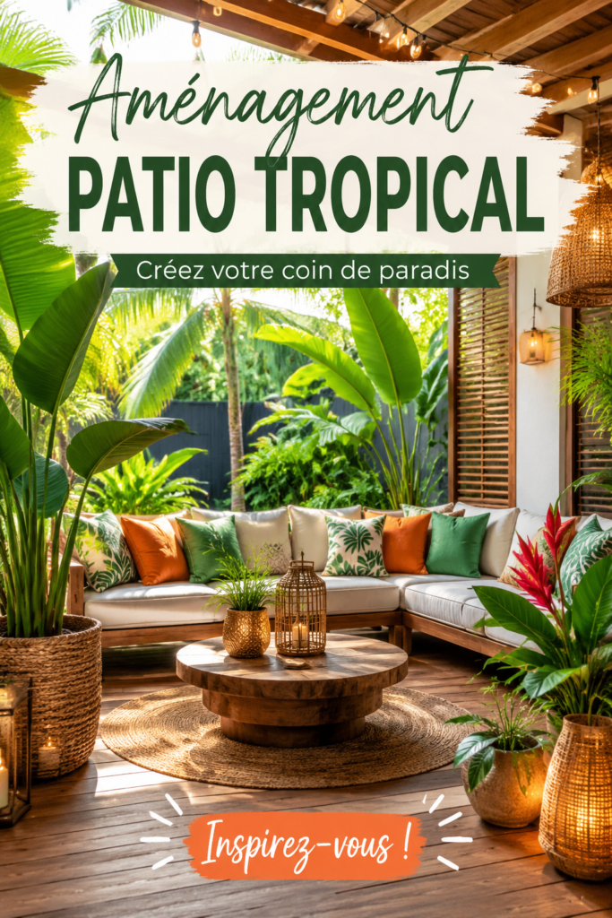 Un patio tropical décoré de plantes luxuriantes et meubles en bois, idéal pour la détente.