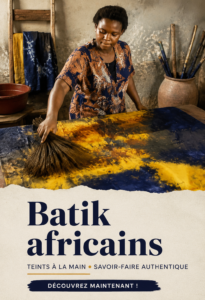 Des batiks africains colorés, teints à la main, exposés sur des étagères.