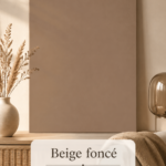 Intérieur moderne avec des murs beige foncé et des accessoires en bois.