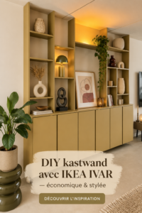 Bibliothèque DIY stylée réalisée avec des meubles IKEA IVAR dans un salon moderne.