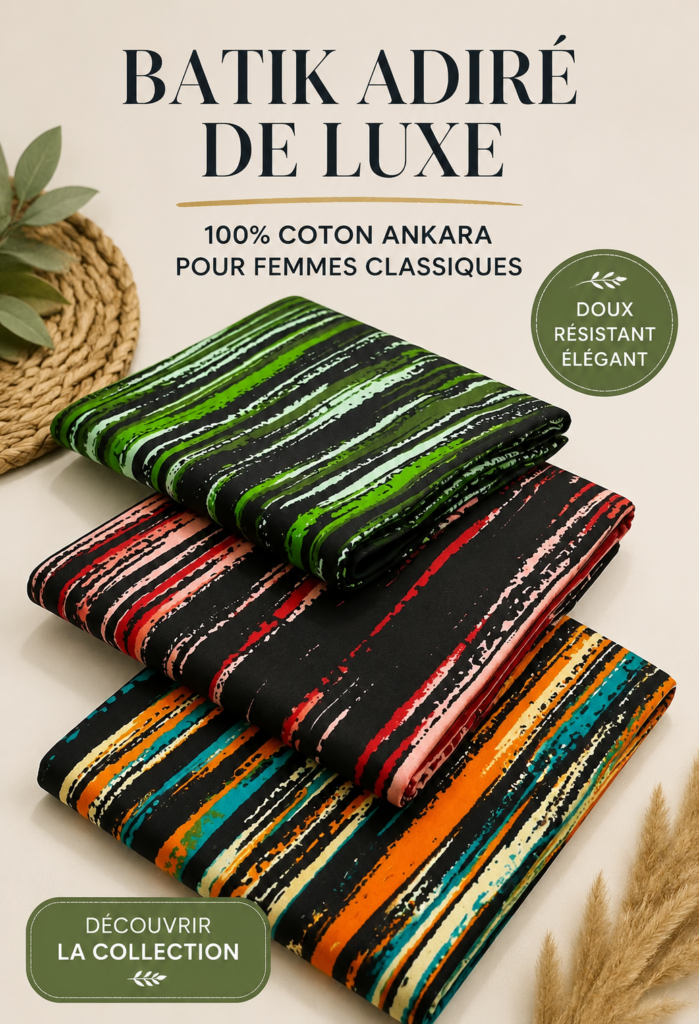 Une robe élégante en coton Adire Batik, affichant des motifs traditionnels et raffinés.