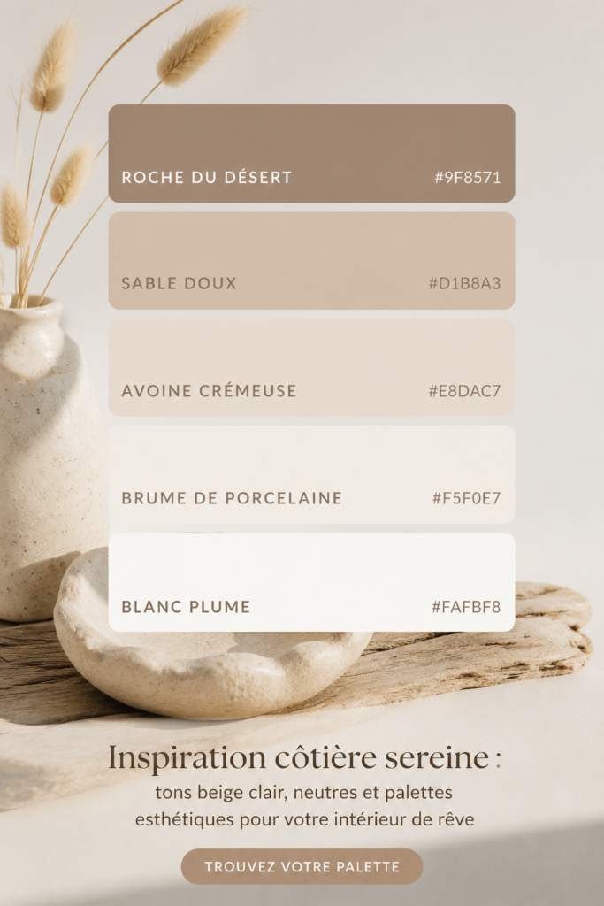 Intérieur apaisant aux couleurs côtières avec des nuances de sable et de bleu.