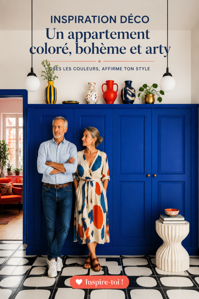 Un salon coloré avec des éléments bohèmes et arty, illustrant une décoration chaleureuse.